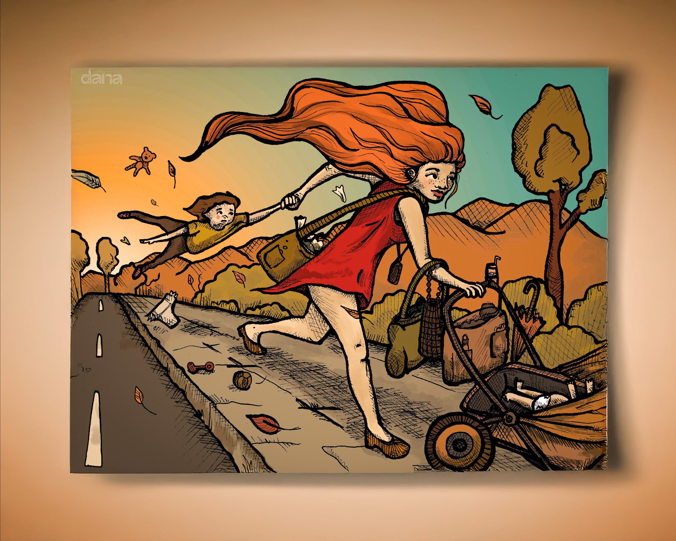 Ilustración de una chica corriendo por la calle con dos bebés.